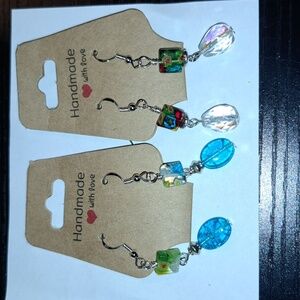 2 Pairs Handmade Crystal and Millefiori Glass Bead Earrings Set in 925 Silver.